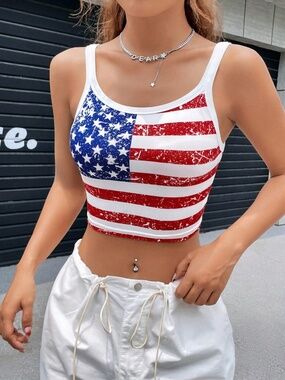 American Flag White Tank Top Crop Stripes Stars United States